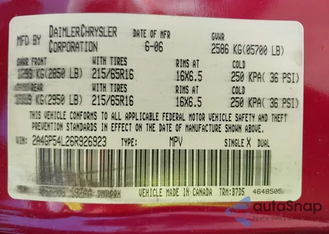 2006 Chrysler Town & Country Touring from USA, damaged, VIN 2A4GP54L26R926923